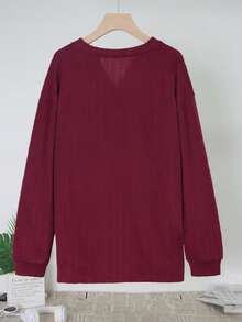 Plus Size Women V-Neck Button Casual Long Sleeve Pullover Top Spring - Wine Red - View 2