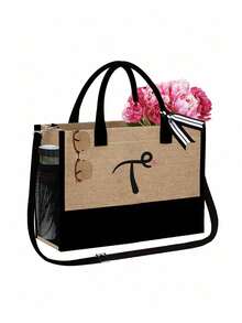 字母帆布手提袋套装，包含化妆包、洗漱包、钱包和个性化礼品袋，时尚休闲单肩包，适合婚礼、生日、海滩、度假、节日、上学等场合，是送给女性、妈妈、老师和朋友的绝佳礼物。 - 彩色 - 查看 21