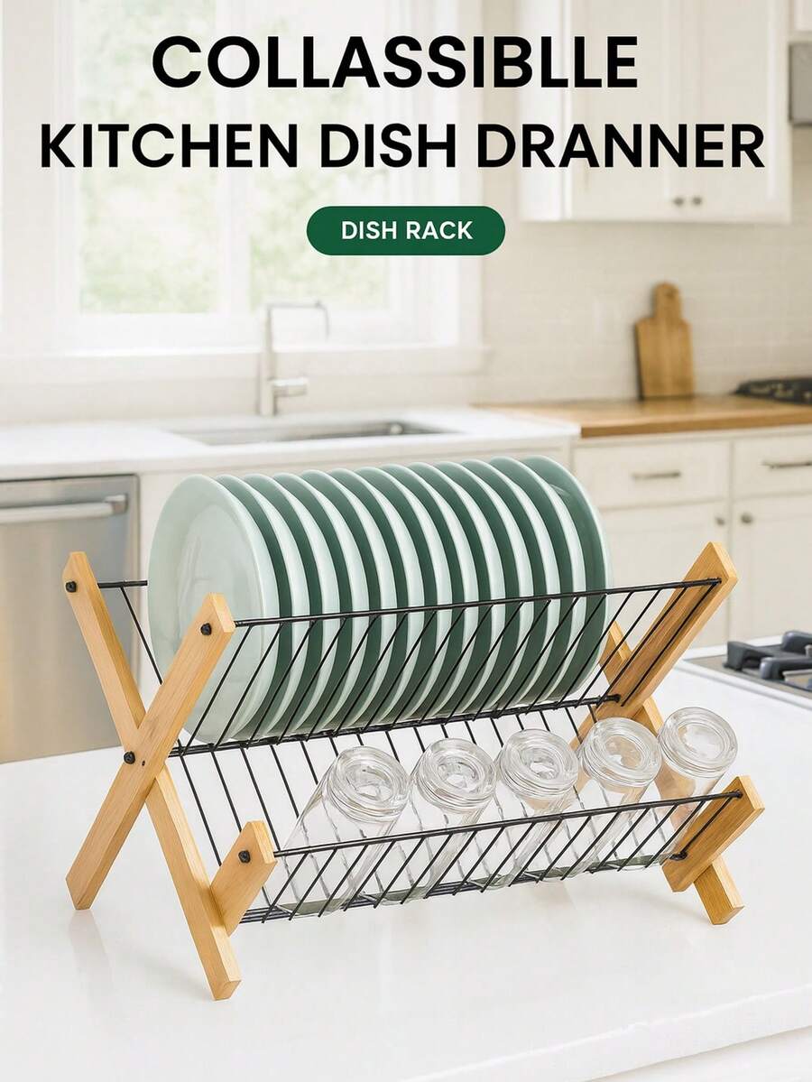 A Bamboo Dish Rack, Kitchen Countertop Dish Rack, Household Plate Storage Rack, Multi-Tiered Dish Rack, Foldable Tableware Drying Rack, Wooden Dish Rack, Small Apartment Space Organizer. - Wood Color - View 1