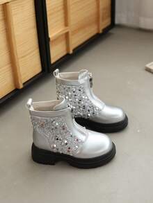 冬季儿童经典闪亮女童表演靴，厚底拉链踝靴，适合3-10岁女孩 - 銀色 - 查看 5
