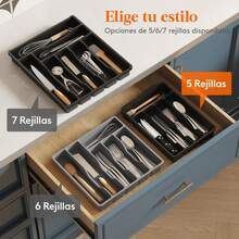 Lifewit Organizador de Cubiertos, Bandeja Cubiertos Cajon Cubertero para Cajón para Menaje, Cocina Organizador de Cubertería Compacto para Cucharas Tenedores, 5 Compartimentos, Negro - Gris - Ver 9