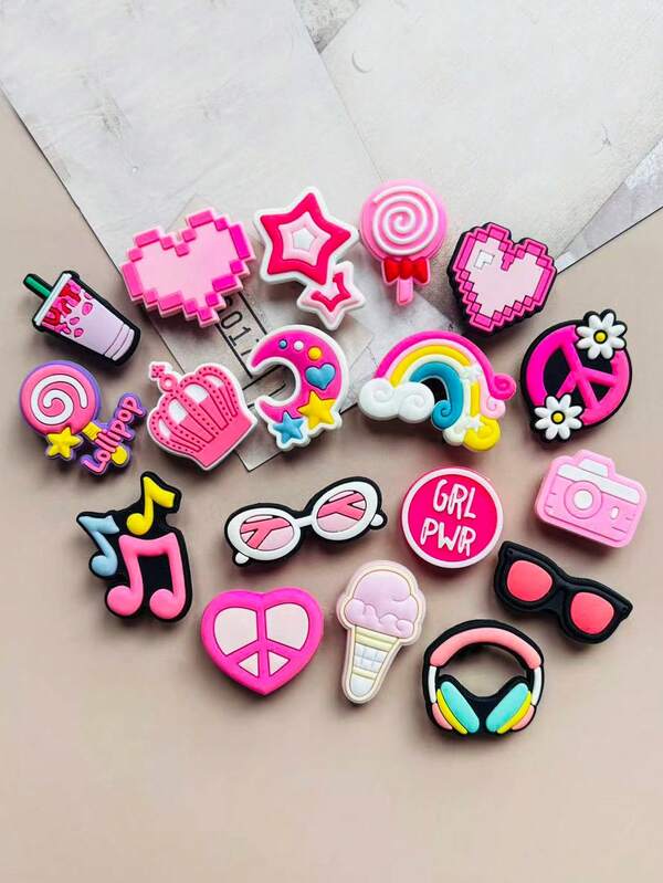 18 PEÇAS Série Rosa, Feito de PVC, Conjunto de Decoração de Sapato DIY - Padrões Coloridos e Fofos como Corações, Estrelas e Arco-íris para Decoração de Sapatos. Seja usado para embelezar sapatos, bolsas, pulseiras ou como presentes de festa, decorações de festival ou presentes de aniversário, ele pode mostrar seu charme único.