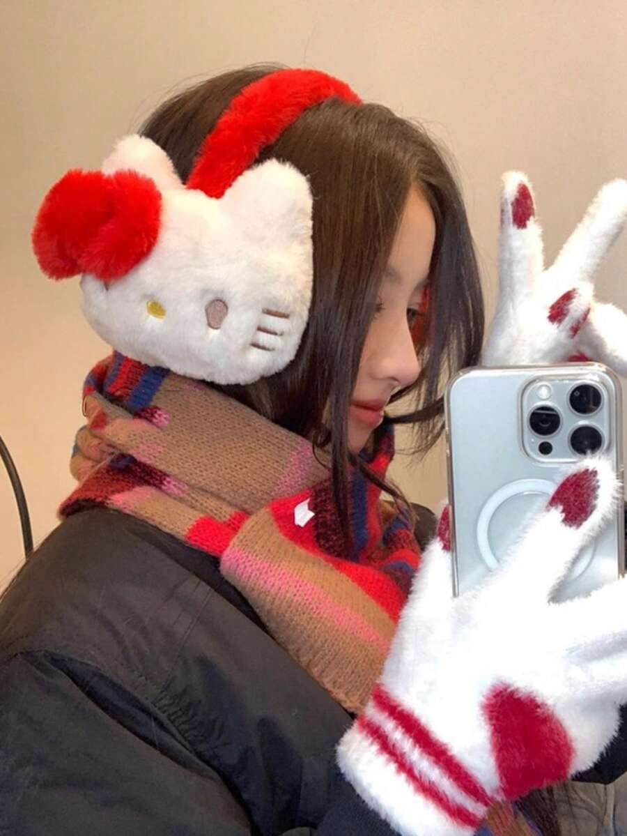 Sanrio 1 件可爱卡通纯色 Hello Kitty 毛绒耳罩，休闲户外自行车保暖耳罩，厚毛耳套，适合秋冬季 - 彩色 - 查看 1