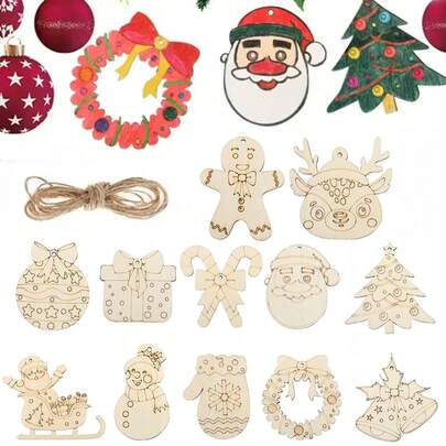 12pcs Wooden Christmas Decoration Gift Packaging Material, Unfinished Wood Pieces, Can Be Used For Creative Christmas Tree Decorations And Holiday Home Arrangements
