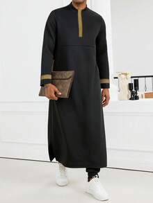 Kamisweat Muslim Men's Hooded Robe, Prayer Garment, Metal Decor Ribbon, Front Zipper, Side Pockets, Side Slits, Comfortable Long Dress For Vacation - Black - View 4