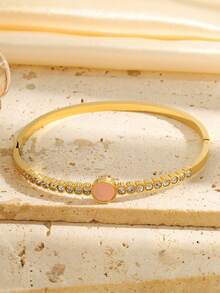 1 pieza Brazalete clásico de acero inoxidable bellamente brillante con disco incrustado de circonita sintética de colores, para uso diario de hombres, mujeres y parejas, ideal como regalo de vacaciones