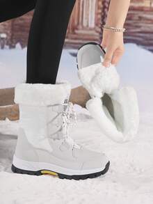 Botas de Neve para Mulheres, Botas Esportivas de Cano Alto com Cadarço, Botas Grossas e Quentes para Esqui, Botas de Moda Confortáveis com Forro Térmico para Inverno, Botas de Pele