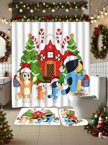 [Christmas Bluey Shower Curtain Window Curtain Set] 1/3/4pcs Christmas Solid Color Santa Hat Bluey Family And Friends Holiday Pattern Printed Shower Curtain Set, Modern Design, Suitable For All Seasons, Waterproof Polyester Hooks And Lining, Flannel Material, Soft Surface, Absorbent Anti-Slip Bathroom Mat, Bathroom Set Includes U-Shaped Mat, Toilet Mat, Anti-Slip Bathroom Mat And Bathroom Accessories, Home Decor, Holiday Decor, Christmas Gift, Daily Decor, Gift Giving