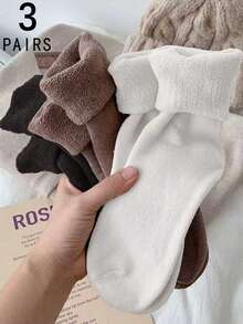 1/3/4/8/16 Pairs Women's Solid Color Warm Thermal Lined Mid-Calf Socks, Winter