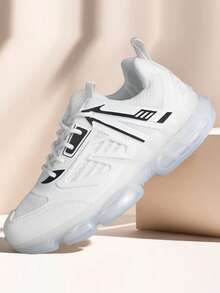 2025 New Men's Casual Sports Shoes, Thick Sole, Anti-Slip, Breathable Mesh, Soft & Comfortable, Black & White Color Block, Air Cushion, Shock Absorbing, Comfortable Men's Running Shoes