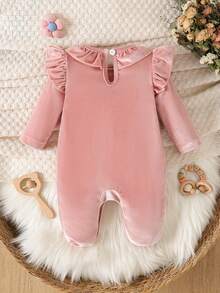 Baby Girls Cute Floral Ruffle Collar Solid Color Long Sleeve Velvet Jumpsuit - Pink - View 4