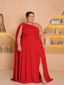 Women's Long Dress Plus Size With Cape Party Wedding Bride Graduation Bridesmaids Elegant Party Mesh With Belt Timeless - 紅色 - 查看 3