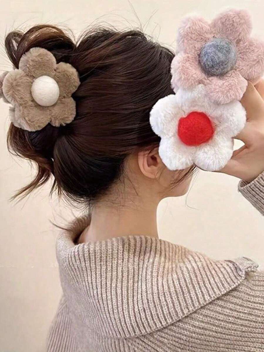 1 peça de acessório de cabelo com fecho coberto de tecido para meninas com lindas flores, presilha de cabelo para outono e inverno, acessórios de cabelo com garra para mulheres, para roupas de férias, presilhas de cabelo fofas com garra de pele, presilha de cabelo de pelúcia para inverno - multicolorido - Ver 1