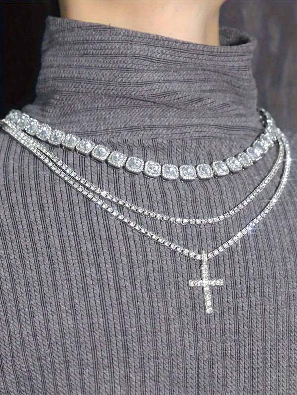 Set de 3 collares con colgante de cruz religiosa clásica de estilo punk brillante, corazón de caramelo apilado, para uso diario, fiestas, festivales de música, bailes de graduación, bodas, San Valentín, Halloween, Navidad, regalo de moda para mujeres y amigas