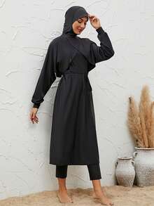 Women's Modest Swimwear Black Round Neck Long Sleeve Burkinis With High Waist Bottom And High Stretch Fabric - Black - View 5