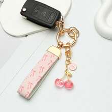 1 件优雅花卉印花 PU 皮革钥匙扣，带防锈锌合金环和装饰字母饰物 - 时尚女士配饰，适用于汽车钥匙、房屋钥匙和礼物、汽车钥匙链、时尚钥匙扣、耐用钥匙扣 - 彩色 - 查看 5