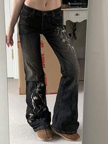 Women Bell Bottom Jeans Stretchy Flare Mid Rise Embroidery Vintage Denim Pants 90s Outfits Y2k Clothes - 黑色 - 查看 3