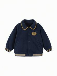 mini bala Kids College Style Baseball Jacket Soft Comfortable Loose Fit Fall Top - Dark Blue - View 4