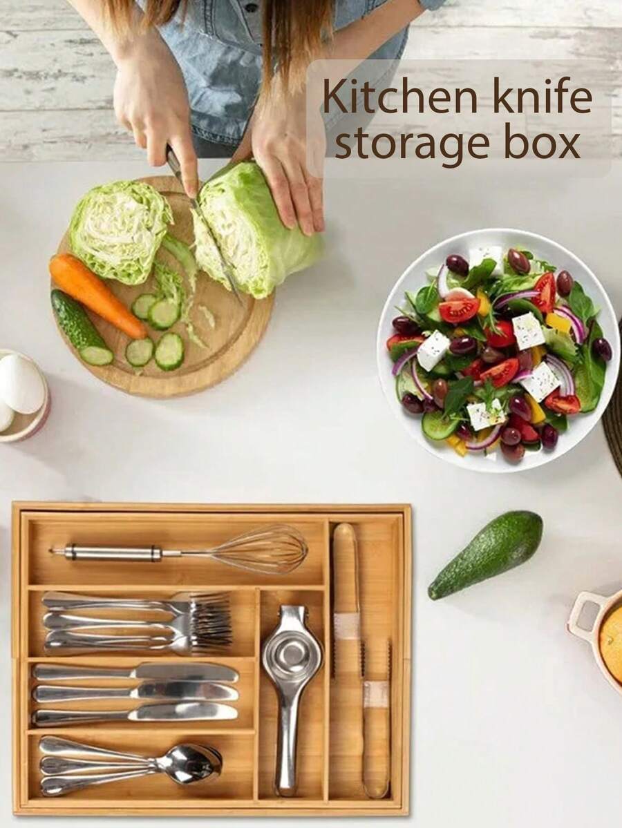 1pc Adjustable Bamboo Drawer Organizer,Retractable Knife And Fork Division Organizer Box,Drawer Type Tableware Storage Box,For Utensils And Silverware - Expandable Cutlery Tray For Kitchen, Bedroom, And Living Room - Multicolor - View 1