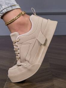 春季新款时尚简约经典圆头休闲运动鞋，全卡其色系带厚底休闲运动鞋，学生鞋，滑板鞋，校园情侣鞋，适合校园和运动场合，舒适透气。 - 卡其色 - 查看 7