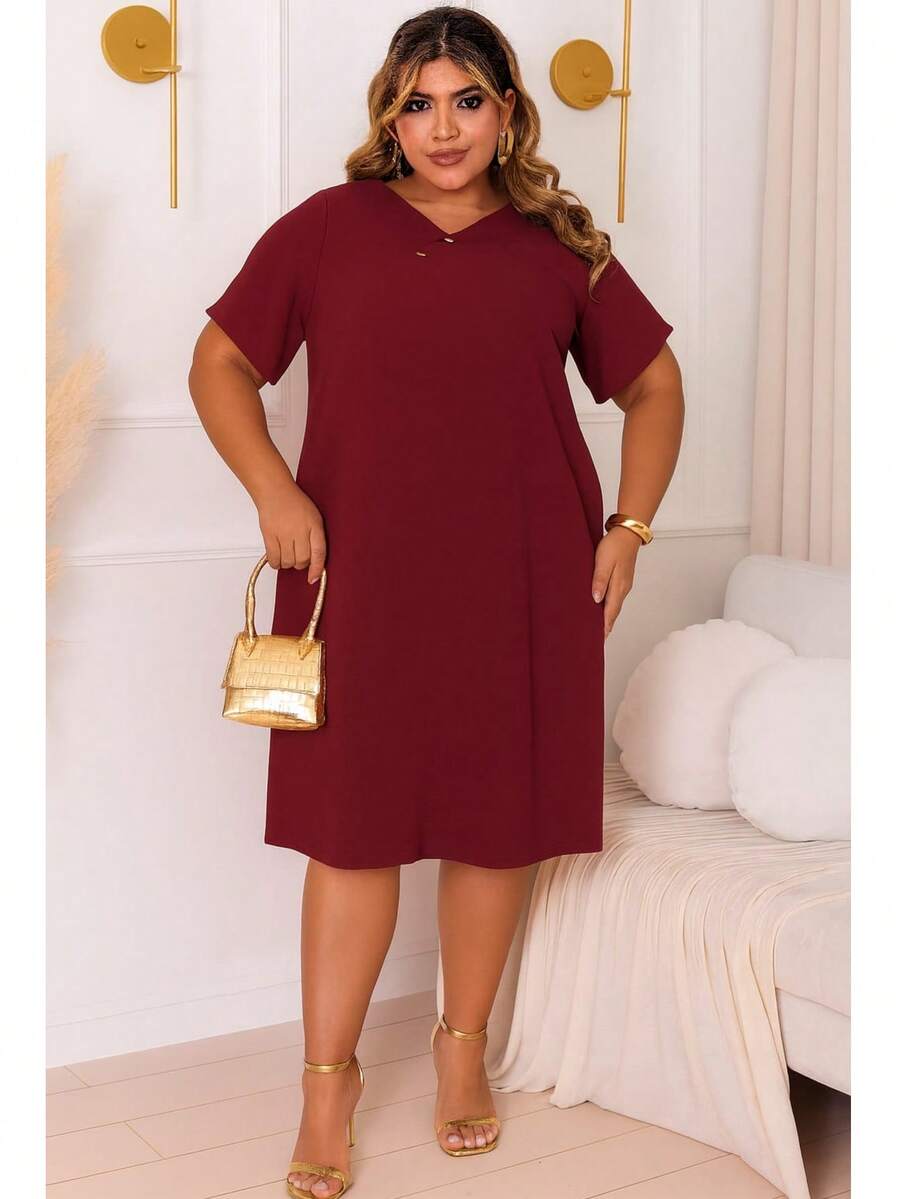 Plus Size V-Neck Midi Dress Duna Fabric Comfortable Feminine Elegant - Gỗ đỏ - Xem 1