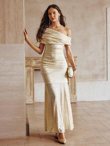 Sollinarry 女士春夏新款亮片露肩长款奢华优雅派对礼服，适合派对、婚礼等场合 - 香檳色 - 查看 7