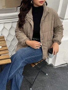 Cappotto Doriss Plus Size casual con cerniera laterale, tasche frontali, collo alto e maniche lunghe, adatto per l'inverno, colore marrone chiaro, stile minimalista, stile da corte, San Valentino, stagione dei matrimoni, Capodanno, stile bohémien, autunno e inverno - Castano - Visualizzare 5