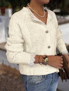 Autumn And Winter Elegant Fashion Casual Comfort Home Beige Lace Decorative Metal Buttons Long Sleeve V-Neck Textured Feeling Semi-Transparent Thin Section Knitted Cardigan,Work/Office, Business Casual Woman