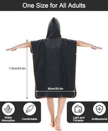 Poncho de Surf, Albornoz de Playa, Poncho Toalla,Bata de Baño de Microfibra con Capucha,Adecuado para el Surf, la natación, el baño y Las Playas, Absorbente y de Secado rápido. (Negro) - Negro - Ver 9