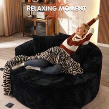 Ovios 55" Oversized Round Chair Lounge Chaise Indoor, No Assembly Required, Cloud Large Circle Chair With Plush Fuax Fur, Fluffy Modern Sleeper Sofa Bed For Reading Yoga, Black (Plush Corduroy Fabric) - 黑色(毛絨燈芯絨布料) - 查看 2