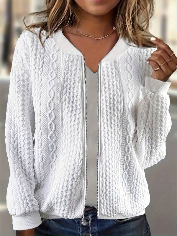 Plus Size Solid Color Knit Fabric Ribbed Zipper Braided Holiday Home Daily Casual Date Autumn/Winter New Women Jacket Outerwear
