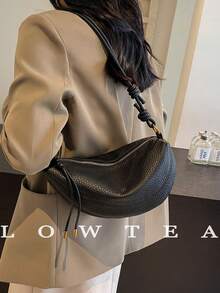 1pc Solid Color PU Leather Shoulder Bag For Women, Vintage Fashion Crescent Shaped Shoulder Bag With Zipper Closure, Suitable For Daily And Outdoor Use - Black - View 5