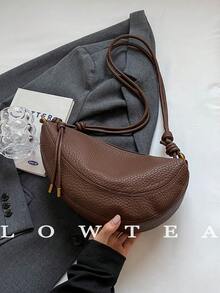 1 pieza Bolso de hombro de mujer de unicolor de piel de PU, bolso de hombro en forma de media luna de moda vintage con cierre de cremallera, adecuado para uso diario y al aire libre - Café - Ver 7