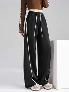 JUTU 女士拼接白色滚边休闲裤，宽松直筒裤型，适合春、秋、冬、夏季穿着 - 1A57黑色 - 查看 8