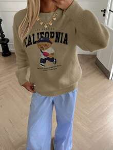 كنزة صوفية نسائية كاجوال بطبعة رقمية لدب، رقبة طاقم، مناسبة للارتداء اليومي والتنقل والتسوق، خريف/شتاء - متعدد الألوان - مشاهدة 4