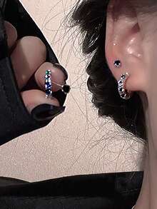 2 对时尚简约优雅奢华小巧铜方晶锆石耳环套装女士 - 黑色 - 查看 3