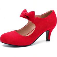 Women's Cute Bow Heels Mary Jane Kitten Heel Pumps Closed Round Toe Low Heels Ankle Strap Wedding Evening Party Dress Office Work Church Shoes-20256688 - 紅色絨面革 - 查看 1