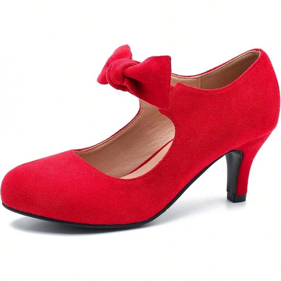 Women's Cute Bow Heels Mary Jane Kitten Heel Pumps Closed Round Toe Low Heels Ankle Strap Wedding Evening Party Dress Office Work Church Shoes-20256688 - 紅色絨面革 - 查看 1