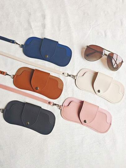 EIGIIS 1个女士PU皮革时尚眼镜盒，带挂绳的太阳镜收纳袋，小巧时尚配件，便携式时尚眼镜包