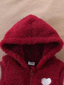 3pcs Baby Girls Fashion Casual Heart Embroidery Fleece Hooded Vest, Heart Embroidery Fleece Pullover Top And Ribbed Cuff Pants Set, Autumn/Winter - Burgundy - View 4