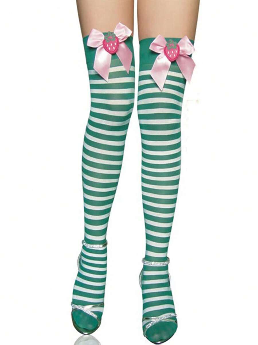 A Pair Of Green And White Striped Bow Strawberry-Themed Over-The-Knee Socks For Women