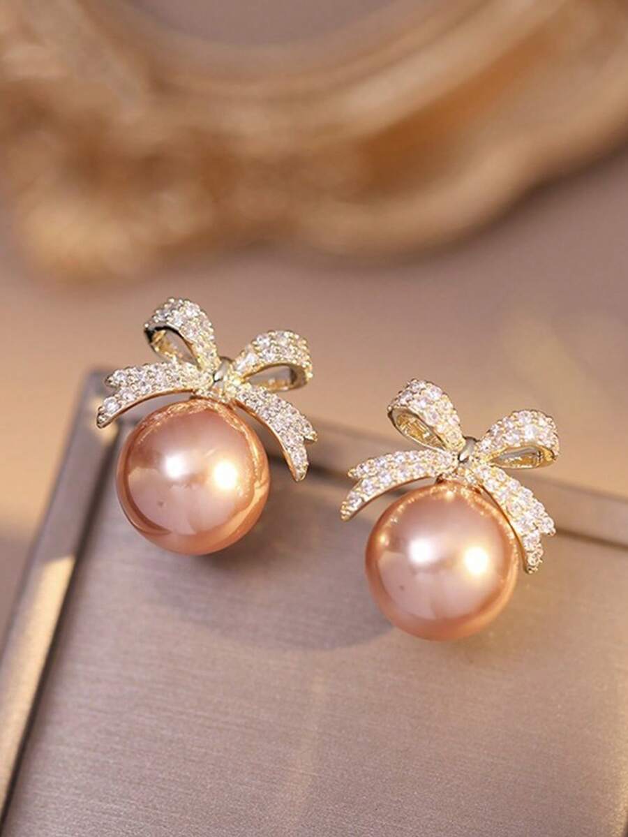 1 Pair Cute Faux Pearl Bow Floral Wreath Design Stud Earrings, Suitable For Girls, An Ideal Gift Choice - one-size - View 1