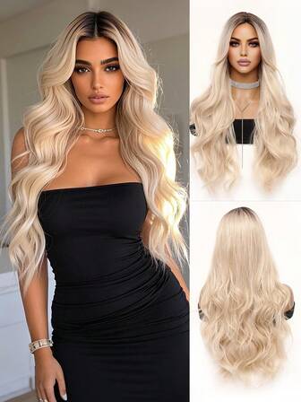 Cosplay Long Wavy Wig Ombre Blonde Middle Parting Easy To Care Women's Daily Party Wig Y2K Synthetic Fluffy Fashion Cool Girl Wig Romantic Elegant Halloween Christmas Music Festival Costume Wig Romantic Casual Street Heat Resistant Wig 30 Inch