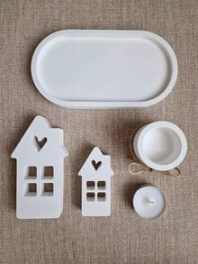 4 PCS/Set - Oval Tray Mold + Chimney Heart House Mold (Large & Small) + Small Cylinder Candlestick Mold, DIY Creative Home Decor Plaster Silicone Molds Set, Epoxy Resin Casting Mould For Handicrafts - White - View 3