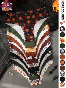 12 peças/pacote Calcinhas Sem Costura Femininas de Halloween com Estampa de Abóbora e Caveira