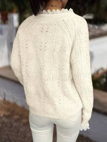 Autumn And Winter Elegant Fashion Casual Comfort Home Beige Lace Decorative Metal Buttons Long Sleeve V-Neck Textured Feeling Semi-Transparent Thin Section Knitted Cardigan,Work/Office, Business Casual Woman