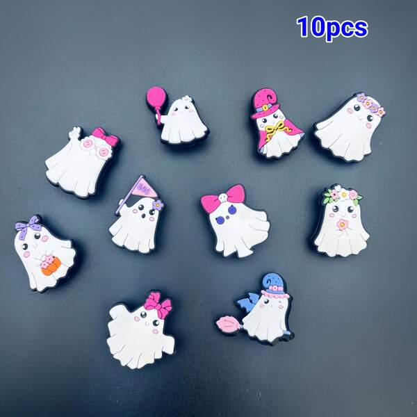 10 piezas Lindos mini fantasmas de Halloween, accesorios de calzado con diseños de dibujos animados, colores aleatorios, regalos y decoración de Halloween