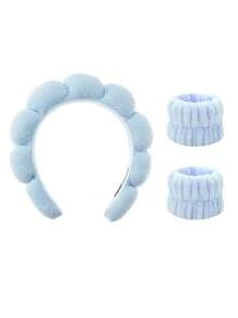 3件套水疗头带、化妆头带、洗脸头带、护肤头带、天鹅绒蓬松海绵头带、泡泡、水疗头带、腕带、女士和女孩发饰套装