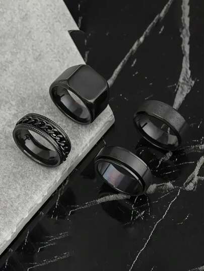 4 件不锈钢黑色方形铸戒和浮雕戒指套装，适合男士日常装饰或礼物
