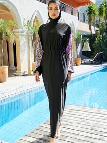 Burkini Muslim Women's Swimsuit Plain Islamic Swimsuit Printed Long Sleeved Full Set 3PCS Set Beach Wear With Hat